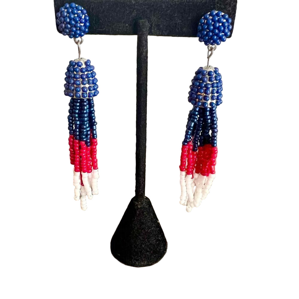 Beaded red white and blue boho tassel fringe dangle post earrings